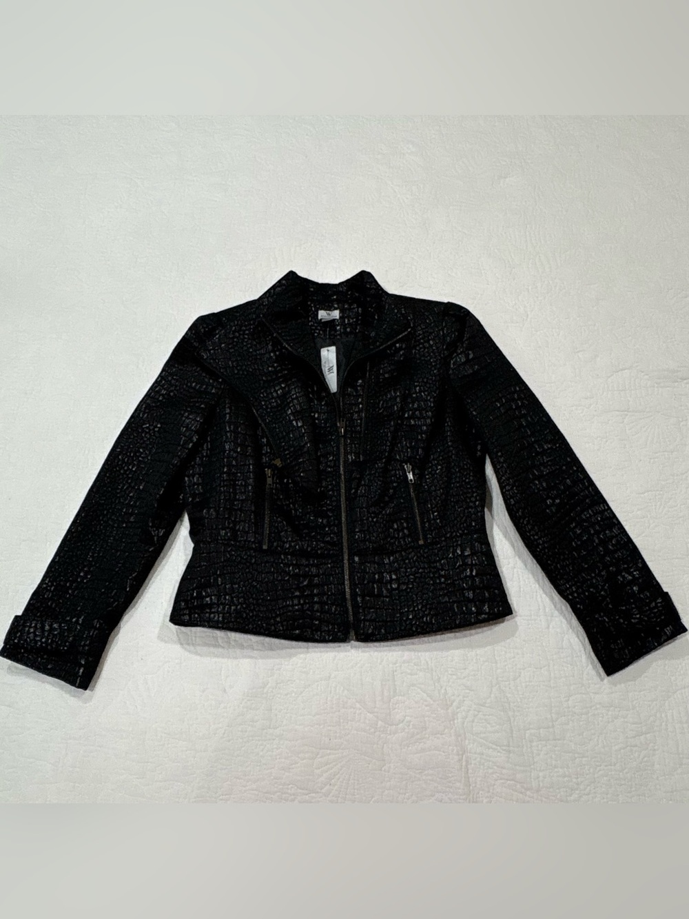 Worthington Jacket Women's Large Black Embossed Croc Print Zip Up Edgy Sleek